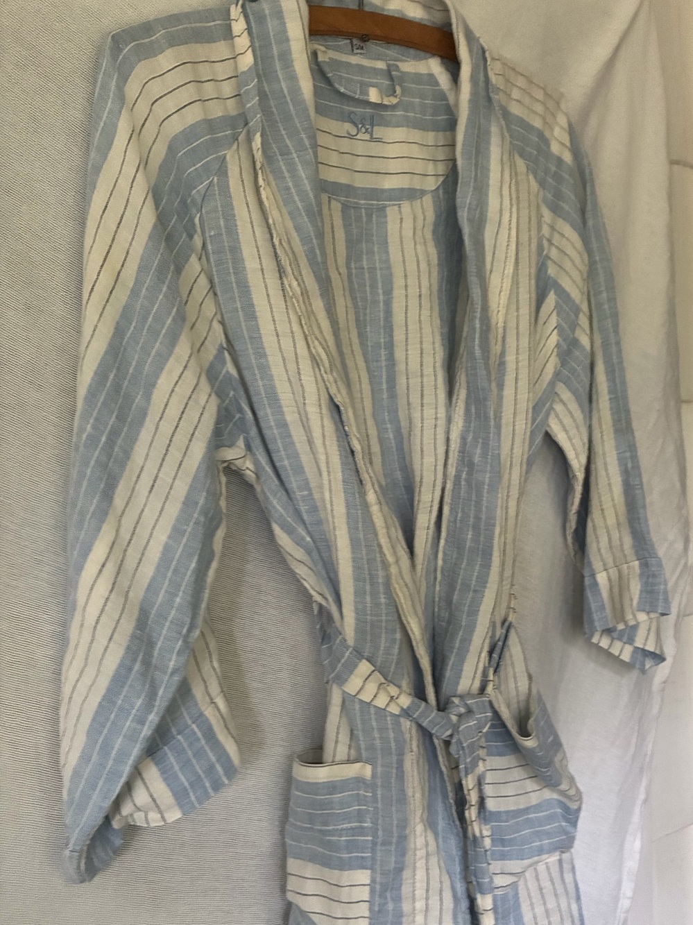 Serena & Lily Womens Striped 100% Linen Robe White Blues S/M Made in Portugal